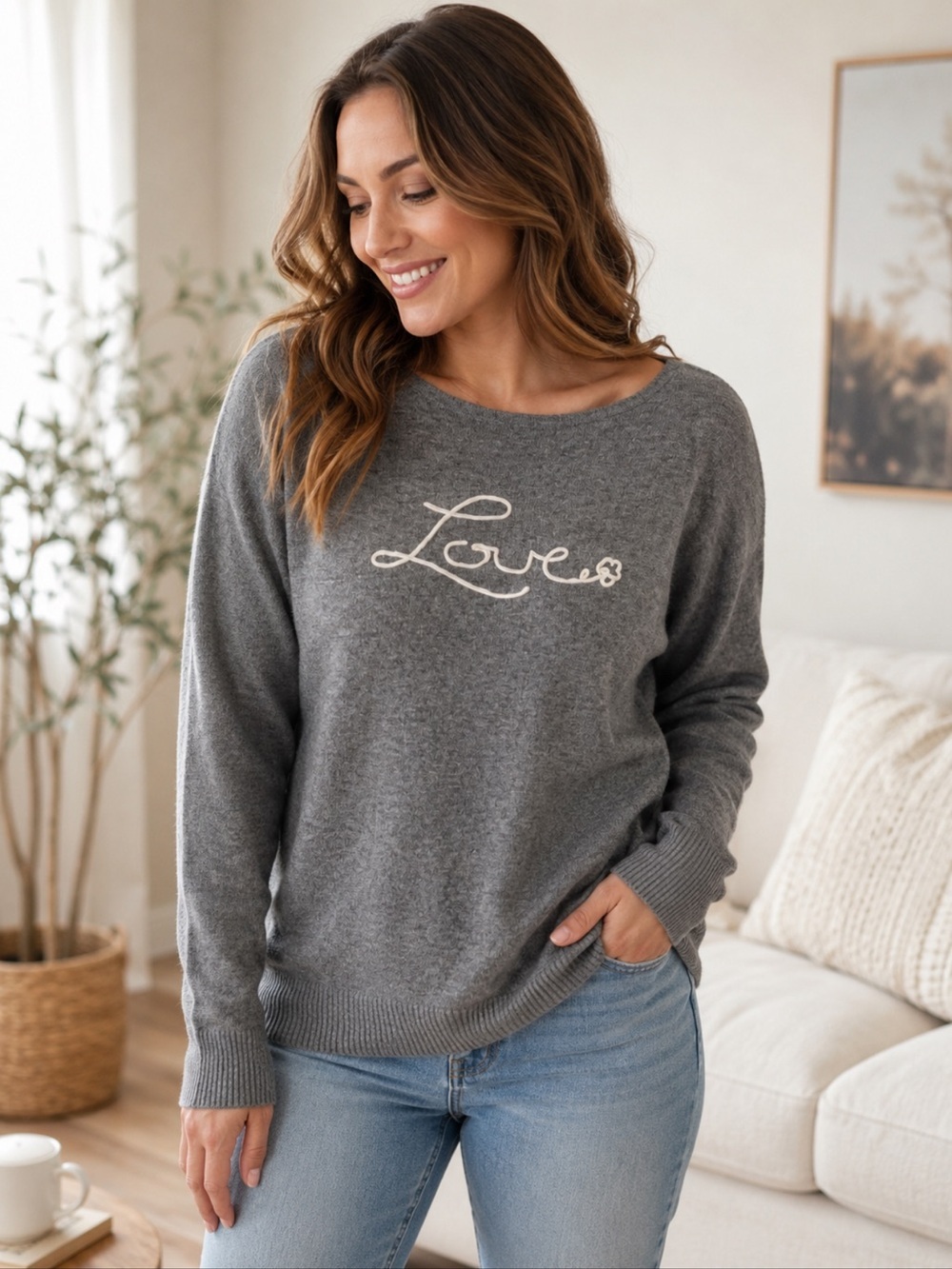 Cozy Gray 'Love' Crewneck Sweater